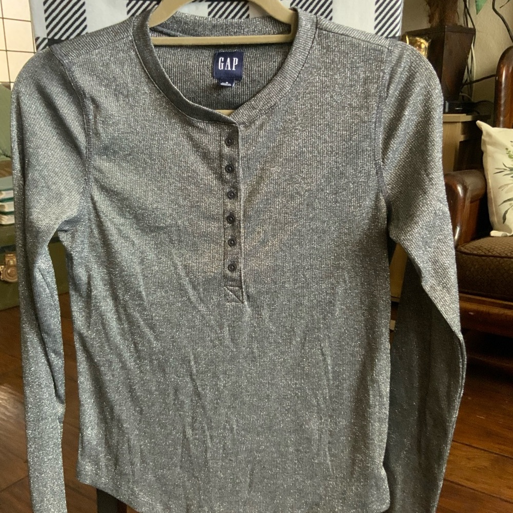 GAP Metallic Charcoal Ribbed Henley Top